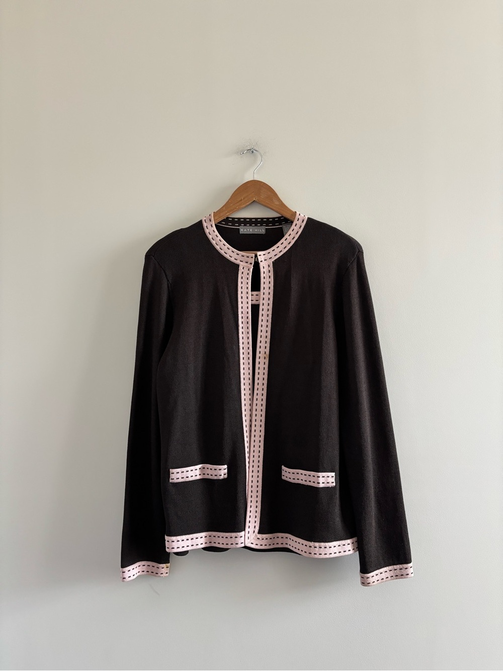 VTG Kate Hill Twinset Cardigan Tank Sweater Set Brown Pink Womens XL Preppy 90s